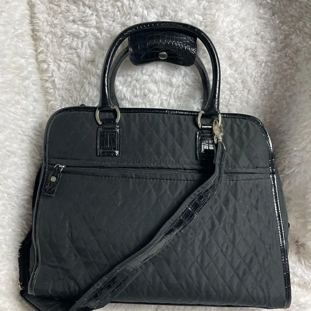 Liz Claiborne Black quilted fabric large laptop work bag silver tone hardwares